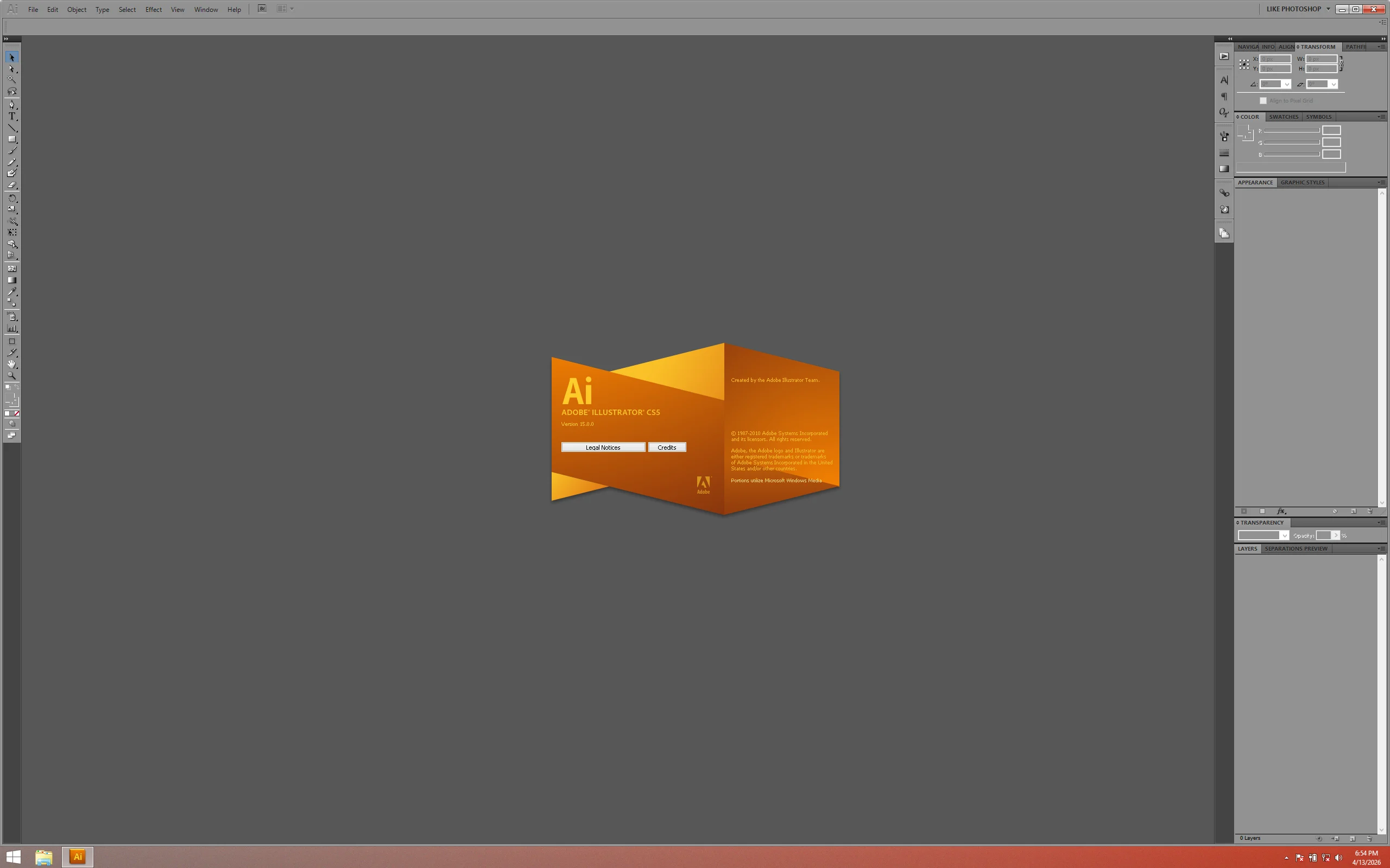 The Illustrator CS5 startup screen