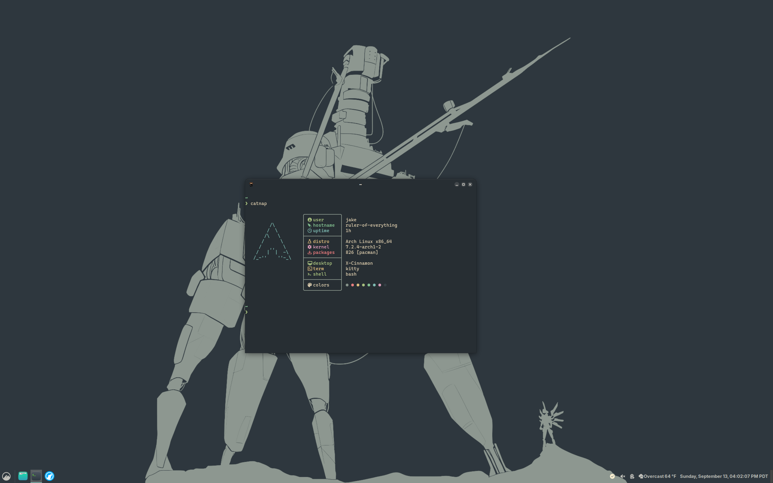 Cinnamon Desktop running under Arch Linux, using the Everforest color palette, showing output from the catnap system information tool.
